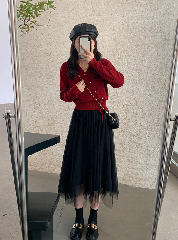 【VICTORY.2】Korean V-neck sweater + mesh skirt suit v553# WPL