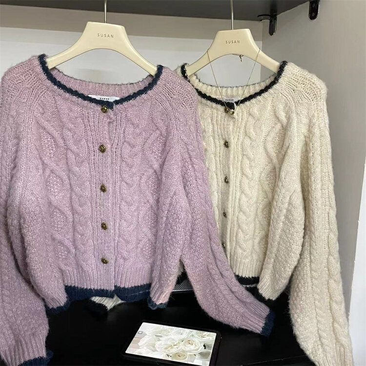 【SUSAN】Contrast color side-breasted thick knitted cardigan 82075# LSW