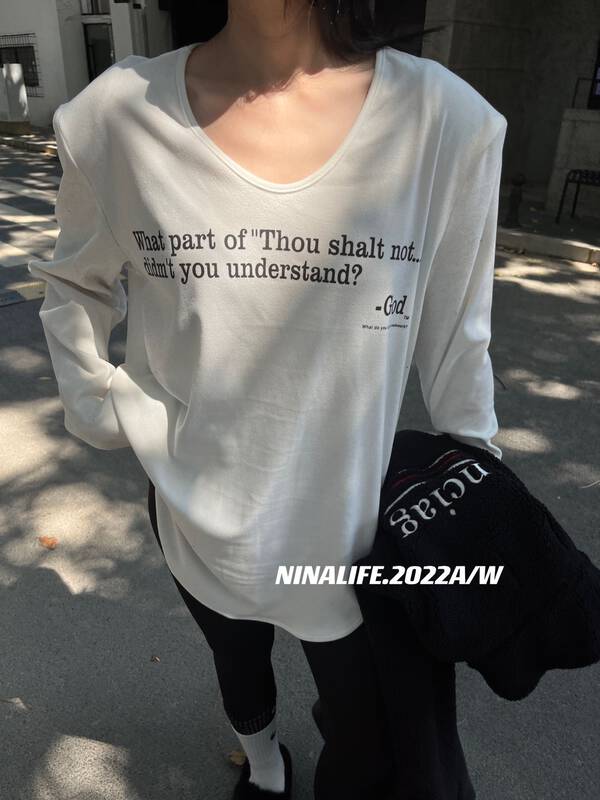 【NINA LIFE】Letter Print Casual Versatile Velvet Long Sleeve T-Shirt 6390# ZXL