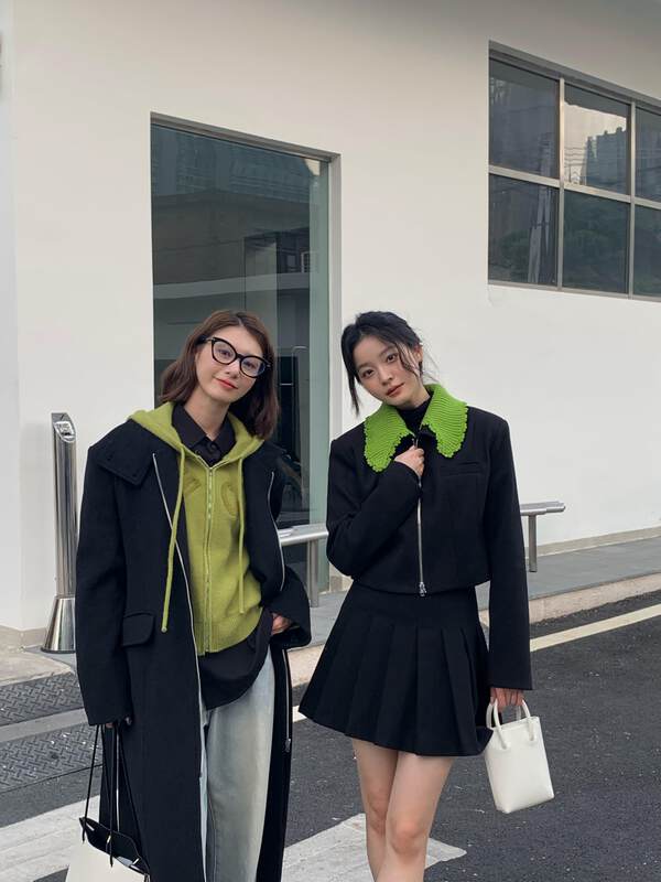 【NEIHE】British style stitching knitted lapel slimming zipper short jacket short jacket (with woolen collar) 88153# JHY