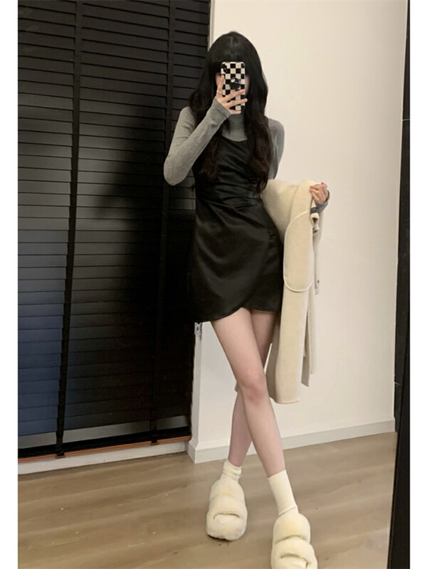 【L.L STUDIO】Half turtleneck bottoming shirt + suspenders irregular leather skirt suit 78450# PCZ