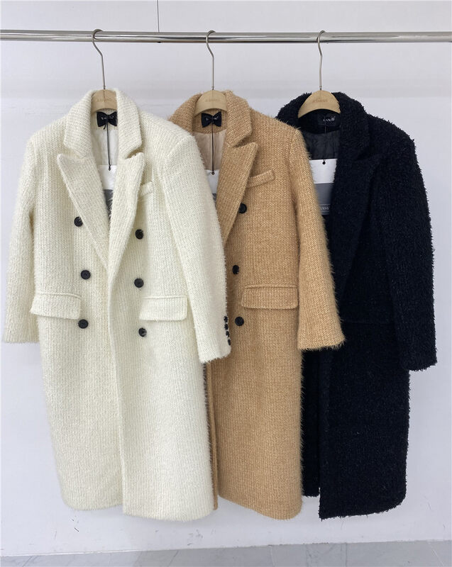 [Semi-plain] suit collar double-breasted long thick chenille coat A876# ZJY