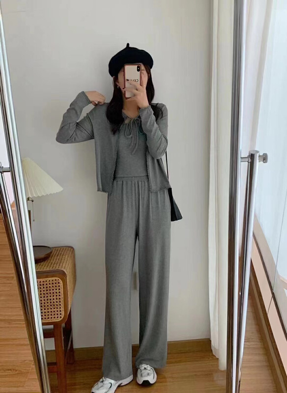 [VICTORY.2] Three-piece suit of solid color outer cardigan + camisole + elastic waist casual pants V6042# WPL
