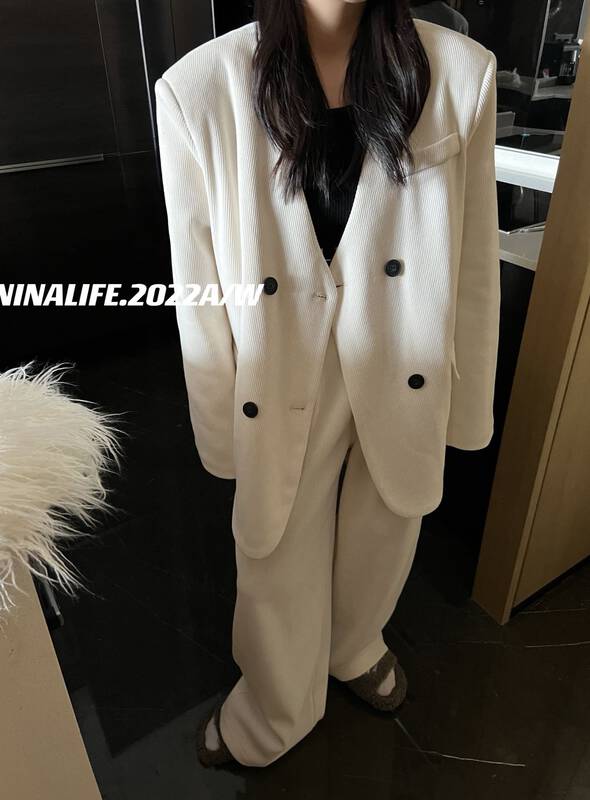 【NINA LIFE】Padded Corduroy Double Breasted Suit + High Waist Casual Pants Suit 6520# ZXL