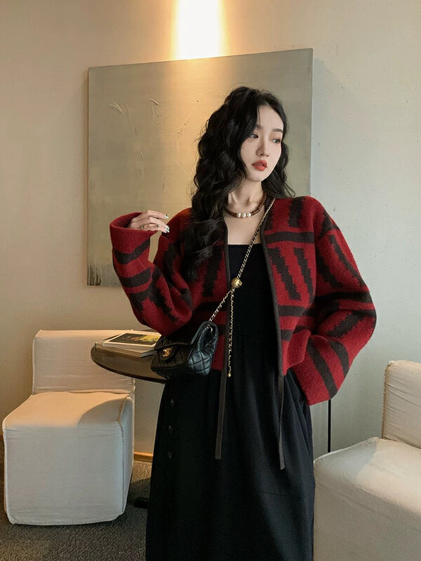 【L.L STUDIO】Lazy style contrast color lace-up knitted cardigan 78308# PCZ