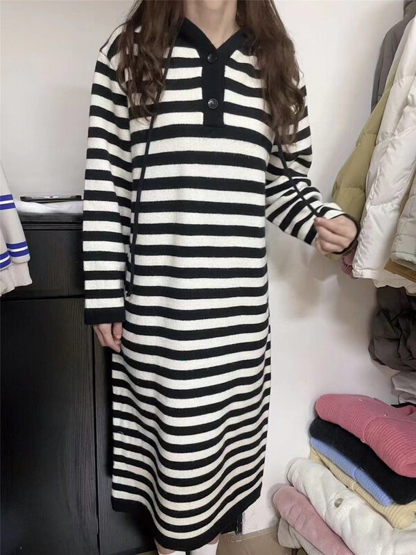 【SUSAN】Contrast stripe loose hooded long dress 82355# LSW