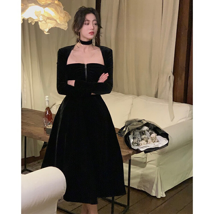 【L.L STUDIO】 Temperament Zipper Velvet Dress 78418# PCZ