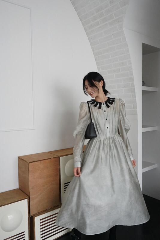 【NEIHE】British style geometric graphic contrast stitching dress 6176# JHY