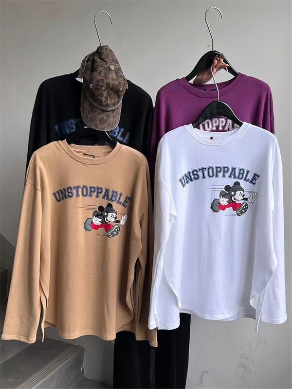 【NINA LIFE】Round Neck Mickey Print Loose Long Sleeve T-Shirt YS1-808# ZXL