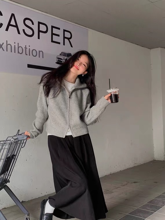 【SUSAN】High Neck Raglan Solid Color Zipper Knit Cardigan 82565# LSW