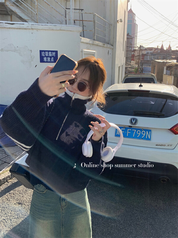 [Y.JIA] Korean color-block stripe design high-neck zipper knitted sweater 880