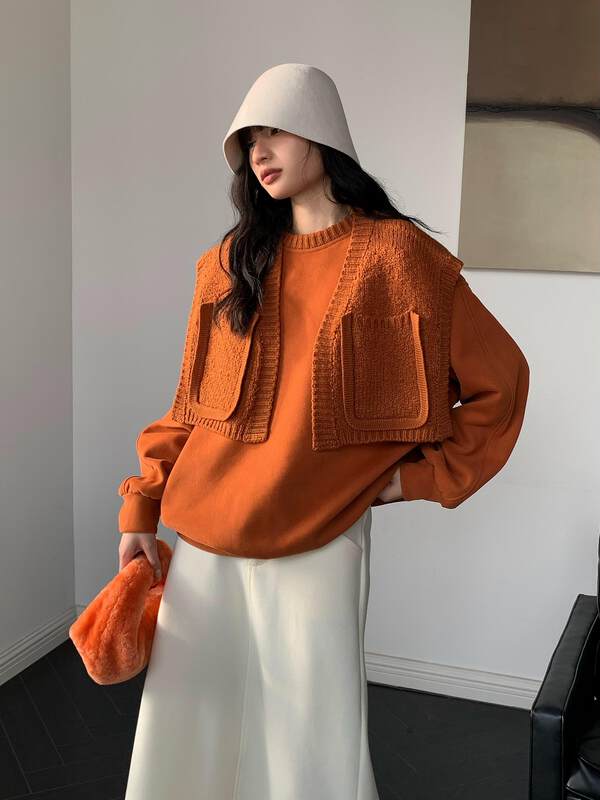 【NEIHE】Knitted shawl with round neck sweater women's two-piece sweater 6280# JHY