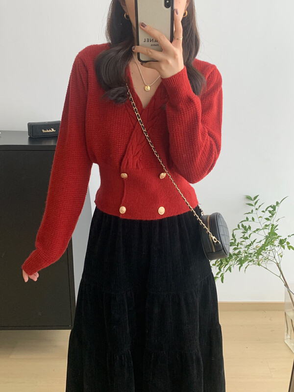 [VICTORY.2] Textured double-breasted waist short knitted cardigan v136# WPL