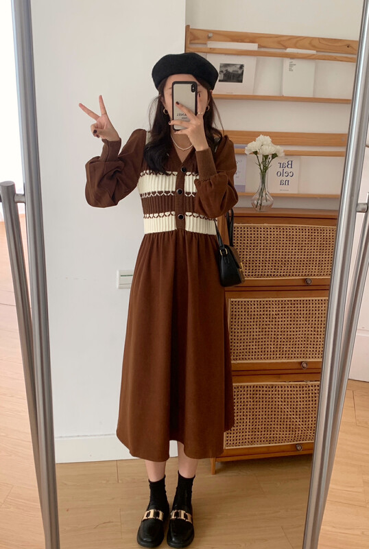 【VICTORY.2】Korean version of contrasting color stripe fake two-piece stitching dress v141# WPL