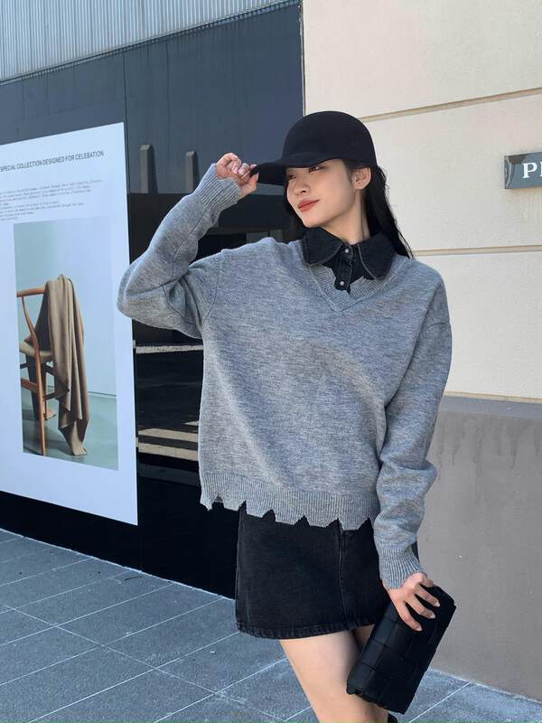 【NEIHE】Regular distressed long-sleeved sweater stitching lapel shirt sweater 6319# JHY