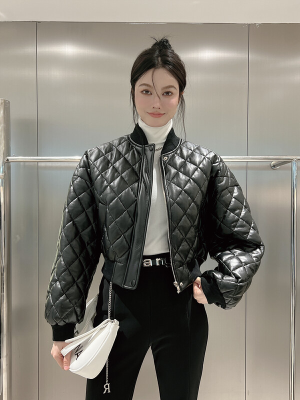 【DS】Winter new fashion simple stand-up collar plaid pu leather short jacket warm cotton jacket 23361D# JHY
