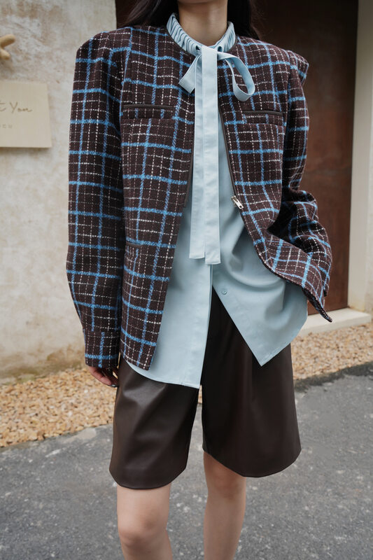 【NEIHE】Retro plaid round neck small fragrance woolen short coat short coat 6235# JHY