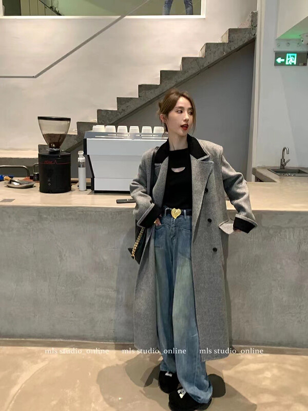 [Y.JIA Ijia] Korean version of the retro contrast color collar wool coat coat 55089