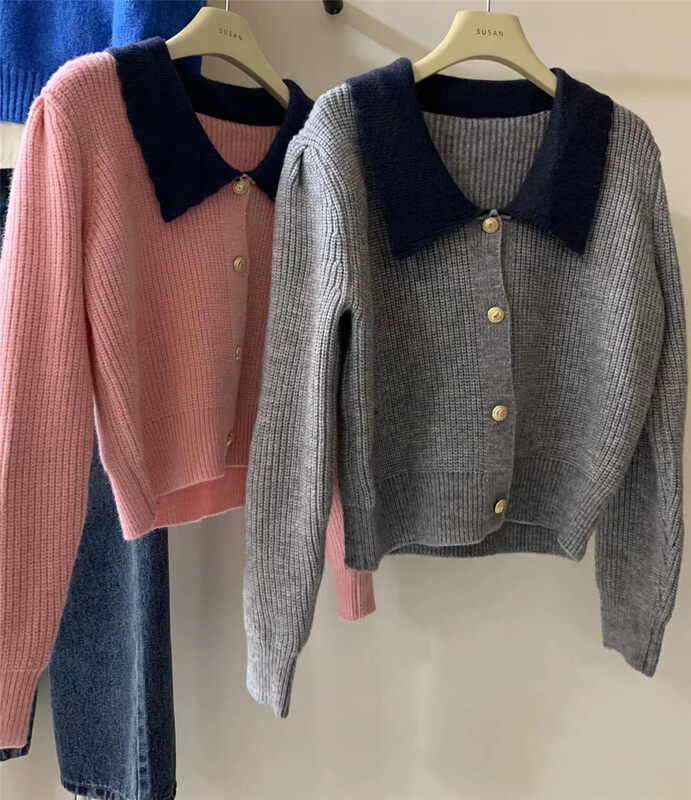 【SUSAN】Contrast color lapel single-breasted knitted cardigan 82680# LSW