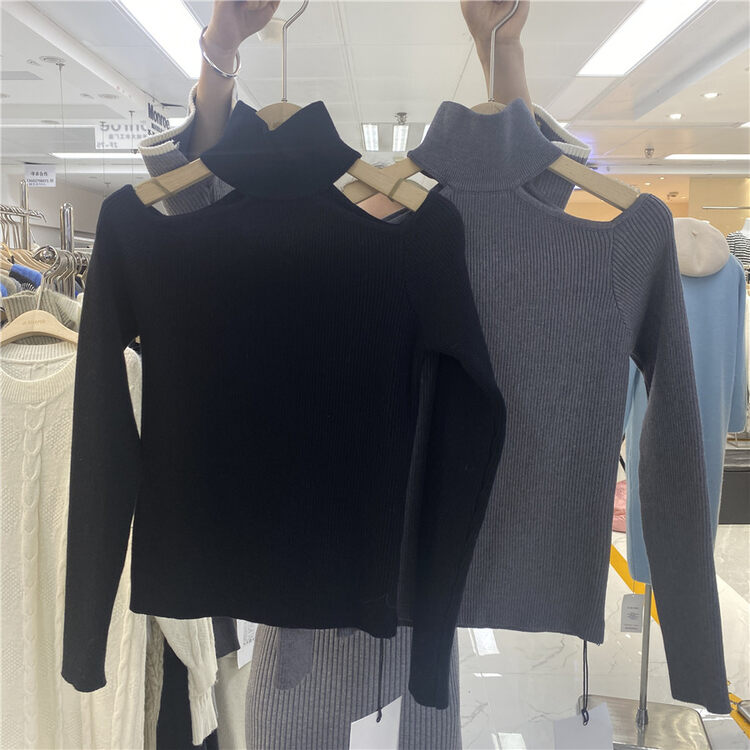 [Semi-plain] high-neck slim-fit off-the-shoulder knitted sweater L1136# ZJY