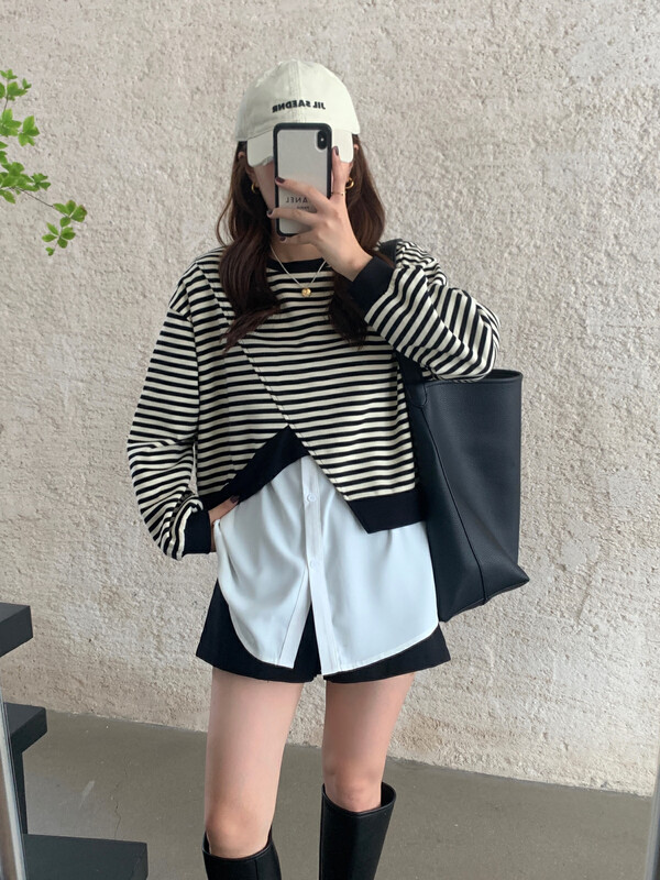 Autumn is new! [VICTORY.2] Korean version stitching fake two-piece mid-length shirt v37# WPL