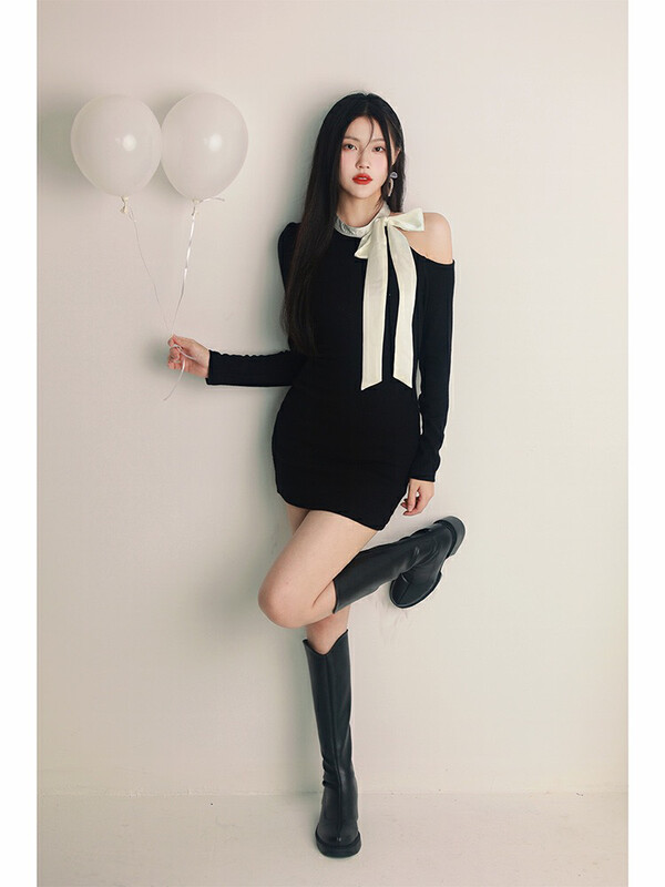 【L.L STUDIO】Bow tie wrap hip off-shoulder dress 78371# PCZ