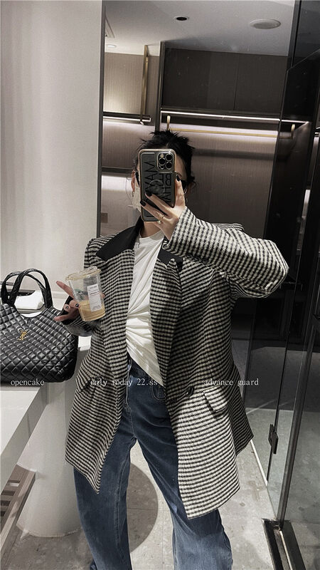 New in winter! [OPEN] Houndstooth loose double-breasted suit 9003# OZQ