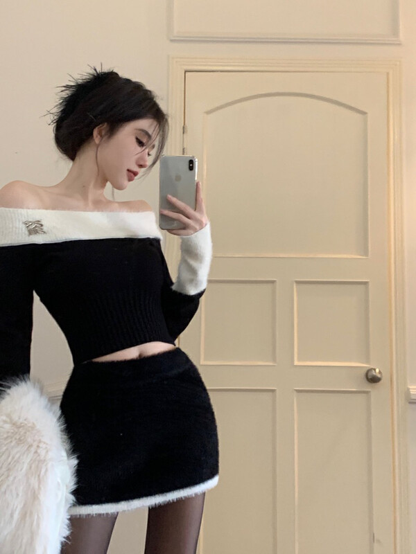 【L.L STUDIO】Pure Contrast Color One-Shoulder Sweater + Hip-Packed Skirt Suit 78505# PCZ