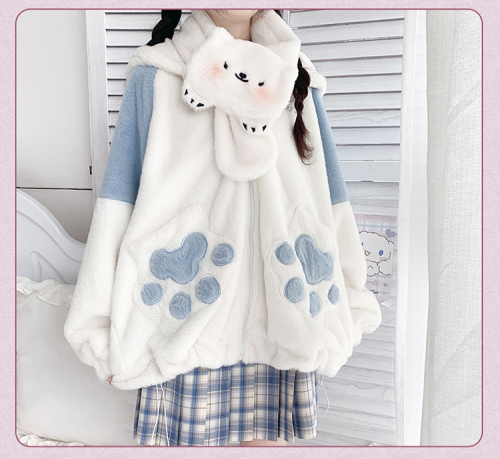 Color-blocking hooded lamb wool coat women's design soft cute bear plus velvet thick autumn and winter cardigan long-sleeved sweater