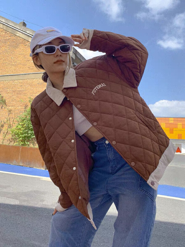【LAB EEDA】 American retro diamond lattice color matching lapel loose warm cotton jacket M379# OZQ