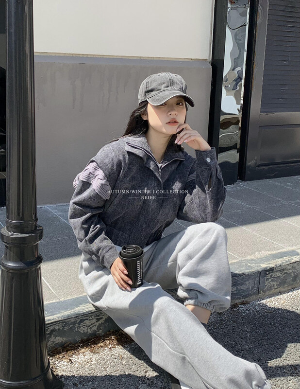 【NEIHE】Short elastic waist zipper design stitching sleeve denim jacket short jacket 88165# JHY