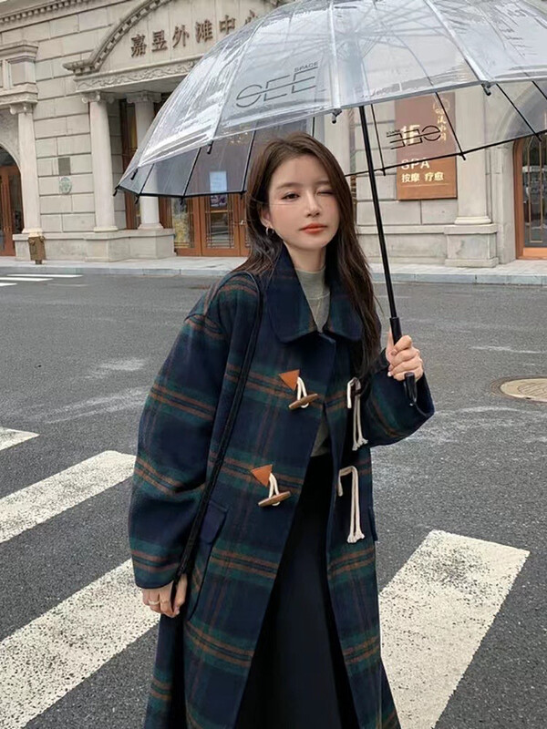 [Y.JIA Ijia] Retro plaid horn buckle wool coat coat coat 55082
