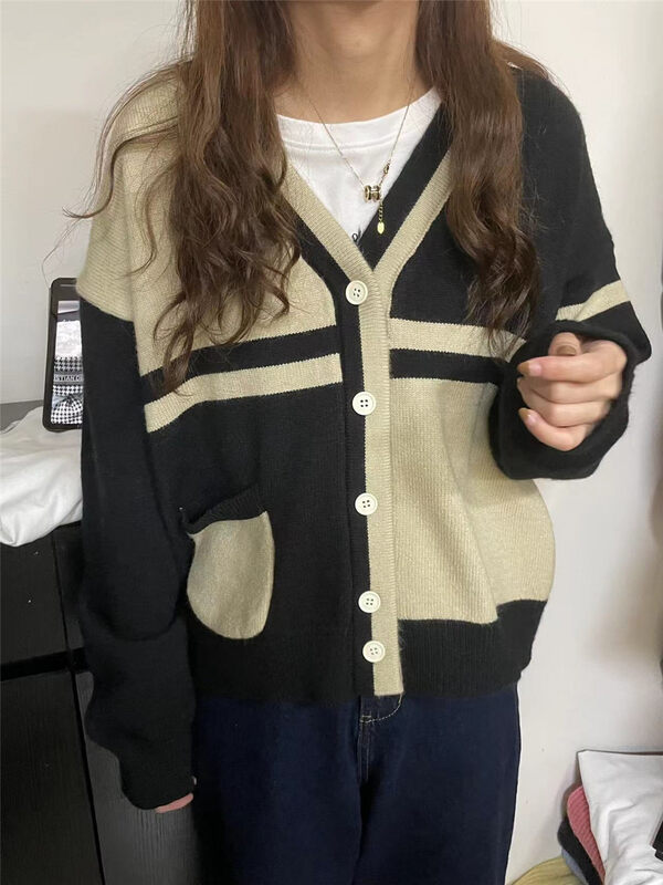 【SUSAN】Contrast color stitching letter embroidery loose knitted cardigan 82560# LSW