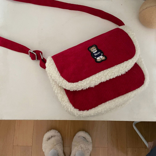 Real shot special Korean ins embroidery bear corduroy stitching lamb wool oblique cross bag student bag