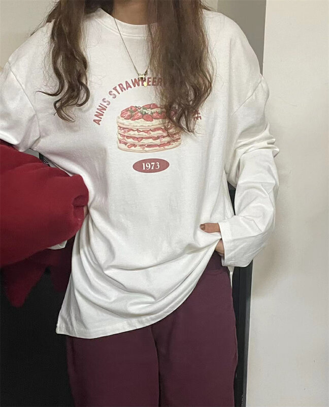 【SUSAN】Round Neck Cake Print Long Sleeve T-Shirt (Without Shawl) 82335# LSW