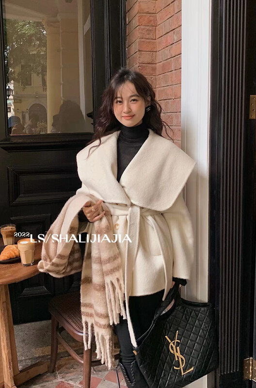 【LS】Korean navy collar double-sided woolen coat (with waist rope) 2963