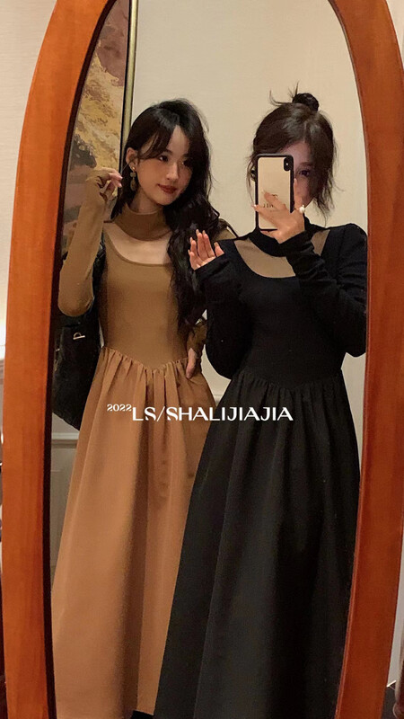 【LS】French temperament stitching mesh dress 8589