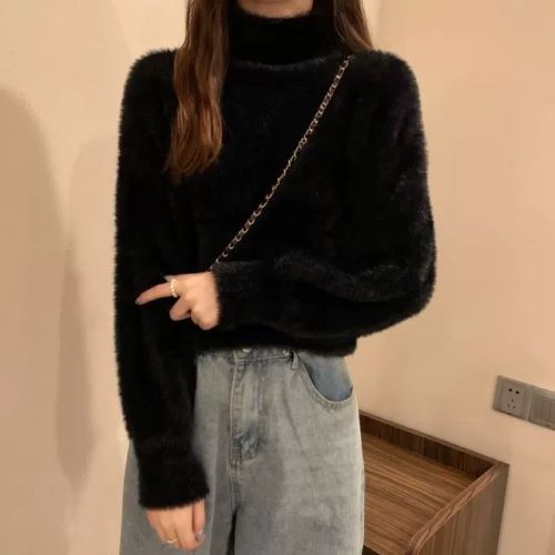 Mink velvet turtleneck thickened inner knitted sweater women's  autumn and winter solid color long-sleeved bottoming top women