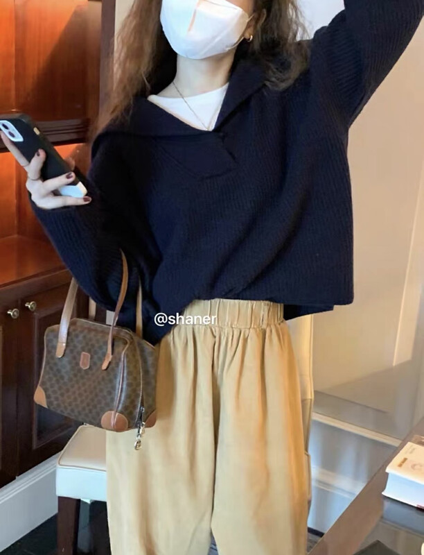 【Y.JIA】French gentle V-neck age-reducing navy-neck all-match loose knitted sweater 875