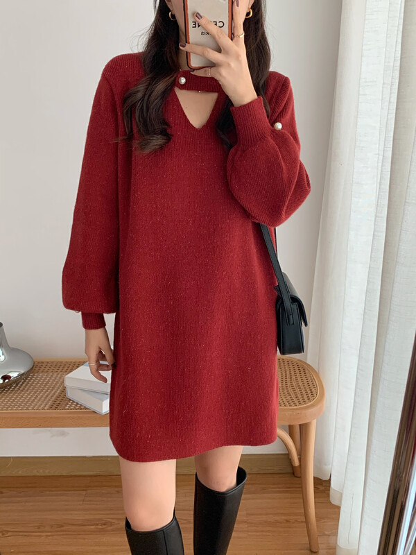 [VICTORY.2] Hollow Pearl Sweater Dress V8278# WPL