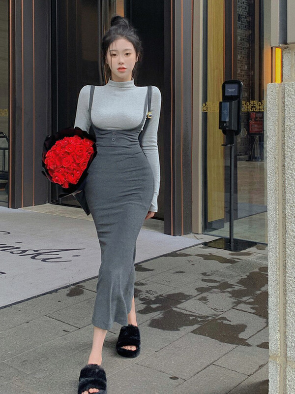 【L.L STUDIO】Solid color slim turtleneck bottoming shirt + fishtail suspender skirt two-piece suit 78487# PCZ