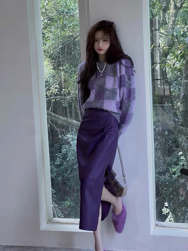 【L.L STUDIO】Contrast color checkerboard round neck plush warm sweater 78316# PCZ