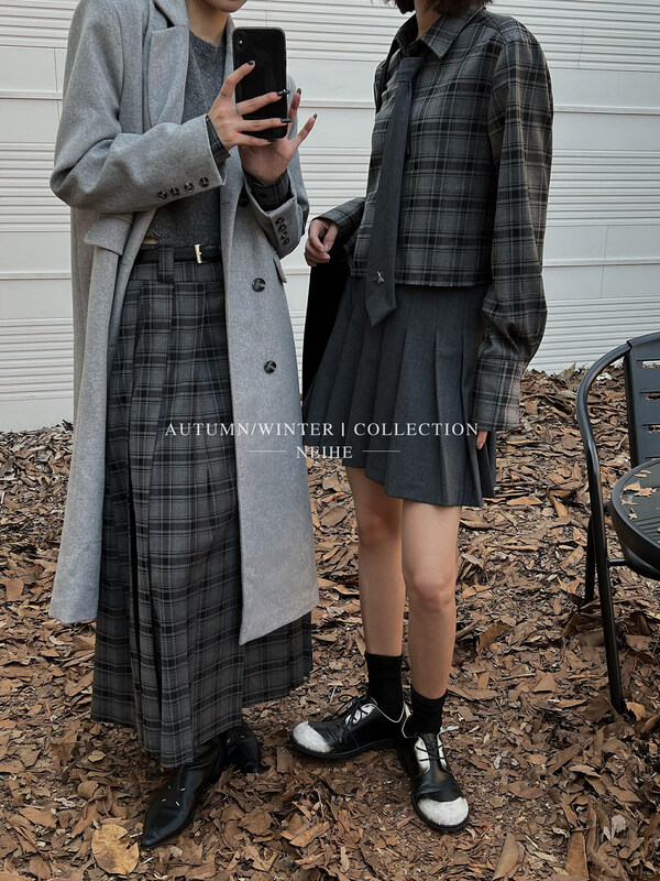 【NEIHE】Slim and casual high waist retro plaid skirt and skirt (with belt) 6306# JHY