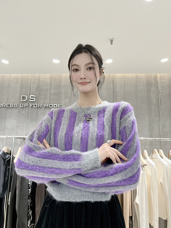 【DS】Round Neck Striped Loose Thermal Sweater M-6481D# JHY