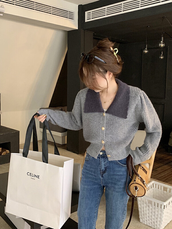 【L.L STUDIO】Korean Gentle Wind Lapel Contrast Color Warm Sweater 78465# PCZ