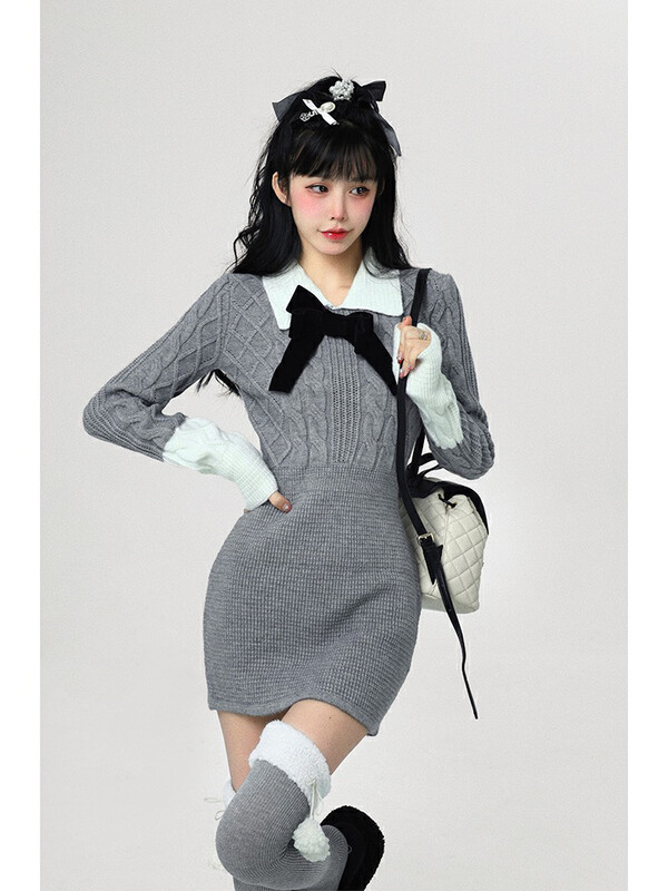 【L.L STUDIO】Bag hip color matching slim fit dress (with detachable bow) 78455# PCZ
