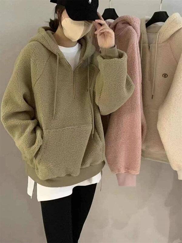 【SUSAN】Plush Color Contrast Hooded Fleece Sweater 82052# LSW
