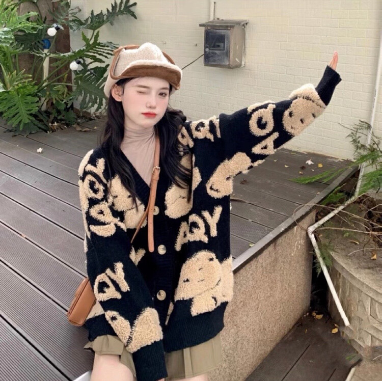 【Y.JIA】Japanese Lazy Retro Bear Flocking Sweater 889