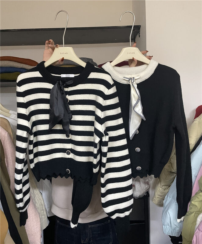 【SUSAN】Contrast color round neck tie sweet knitted cardigan 82223# LSW