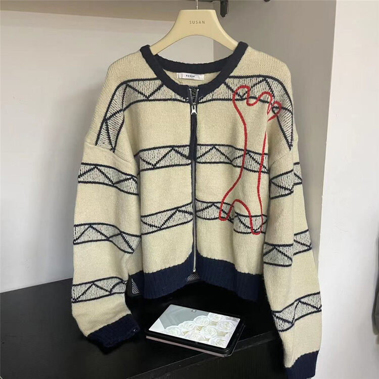【SUSAN】Vintage round neck zipper colorblock knitted cardigan 82993# LSW